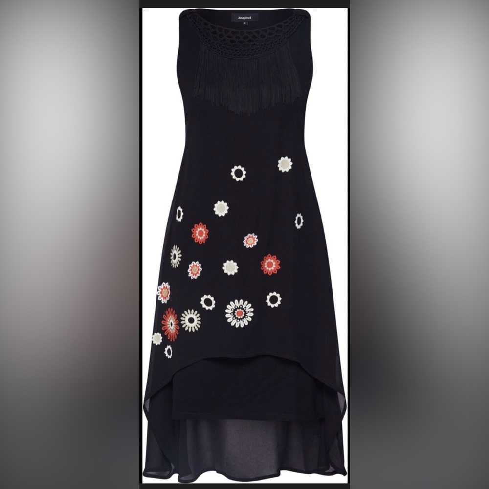 New 🌺 Desigual Black Dress with Floral Accent layers sleeveless fringes M-L boho